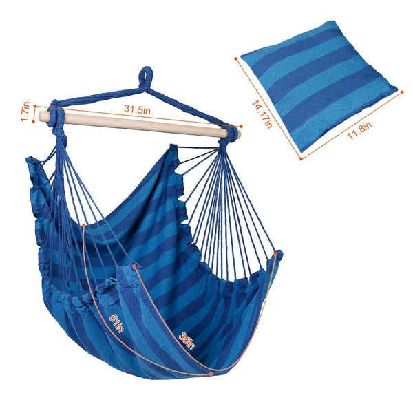 Hammock Hanging Chair Canvas Porch Patio Swing Seat Portable Camping Rope Seat Wooden Stick Hammock Chair w/ 2Pillows 265LBS Load-bearing