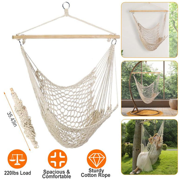 Hammock Chair Hanging Rope Seat Swing w/ Wooden Stick 220lbs Load for Patio Porch