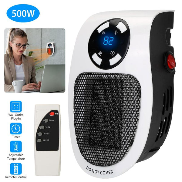 500W Portable Heater Fan Wall Outlet Plug-in Adjustable Temp w/ Remote Control