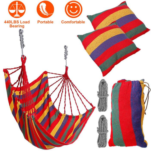 Hammock Hanging Chair Canvas Porch Patio Swing Seat Portable Camping Rope Seat w/ 2Pillows440LBS Limit