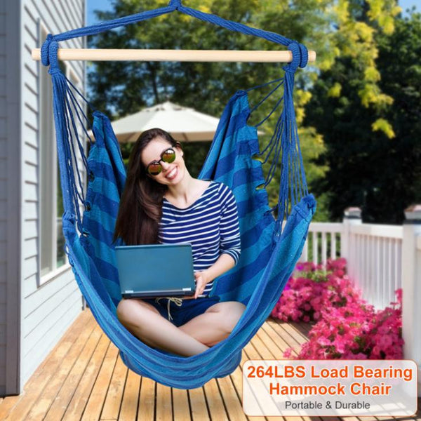 Hammock Hanging Chair Canvas Porch Patio Swing Seat Portable Camping Rope Seat Wooden Stick Hammock Chair w/ 2Pillows 265LBS Load-bearing