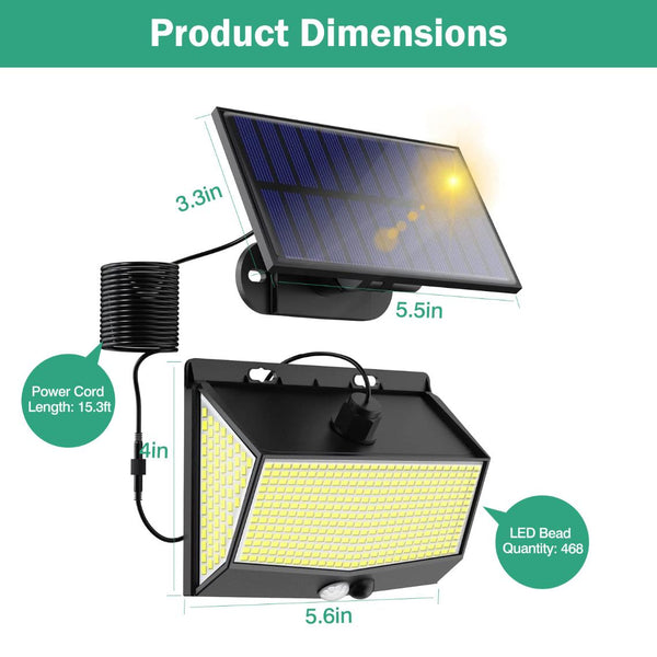 Solar Powered Wall Lights Motion Sensor Outdoor Lamps Separate Solar Panel 468 LED
