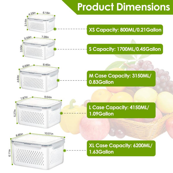 5Pcs Fruit Vegetable Containers with Removable Drain Basket Leakproof Lid Stackable Food Storage Organizer for Fridge Dishwasher Safe