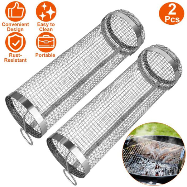 2 Pack BBQ Grill Mesh Rolling Baskets Cylinder Stainless Steel Barbecue Net Tube