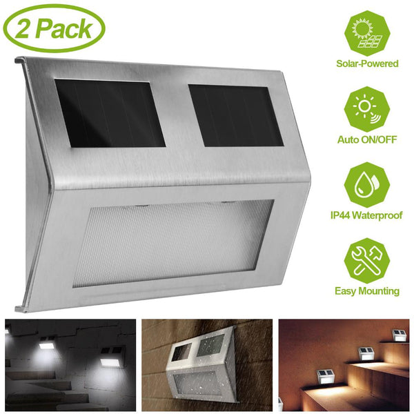 2 Pack Solar Light LED Wall Lamp Stair Step Outdoor Waterproof Security Light Auto On Off