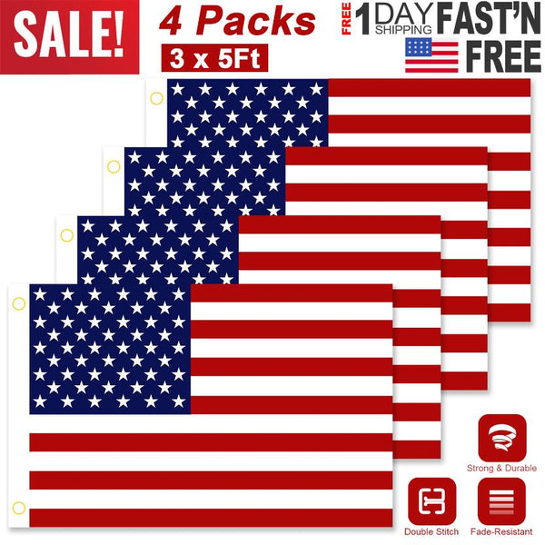 4 Pcs 3 x 5 Ft American US Flags Vivid Color UV Fade Resistant Canvas