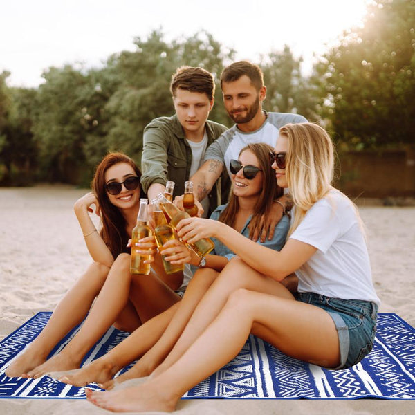 5x8FT Reversible Outdoor Rug Waterproof Mat Carpet Portable Plastic Outdoor Activity for Picnic Patio Deck RV Trip Blue & W