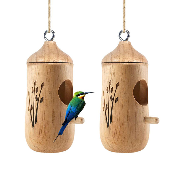 2 Pack Wooden Hanging Humming Bird Houses for Outside Bird Nest Feeder Patio Garden