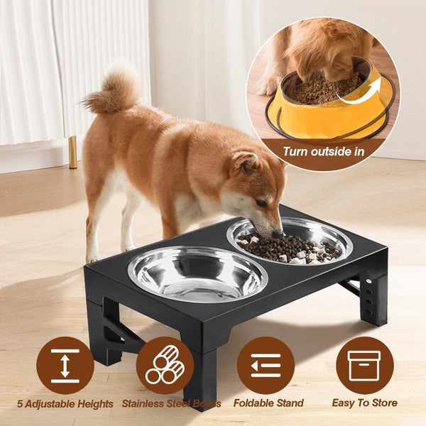 Dog Raised Bowls 5 Adjustable Heights Stainless Steel Elevated Foldable Double Bowl Dog Feeder