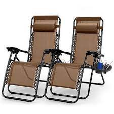 2 Pack Zero Gravity Lounge Chair w/ Dual Side Tray 330lbs Load Foldable Recliner Chair w/ Stress Relief Pillow Patio Poolside Beach Lying Chair