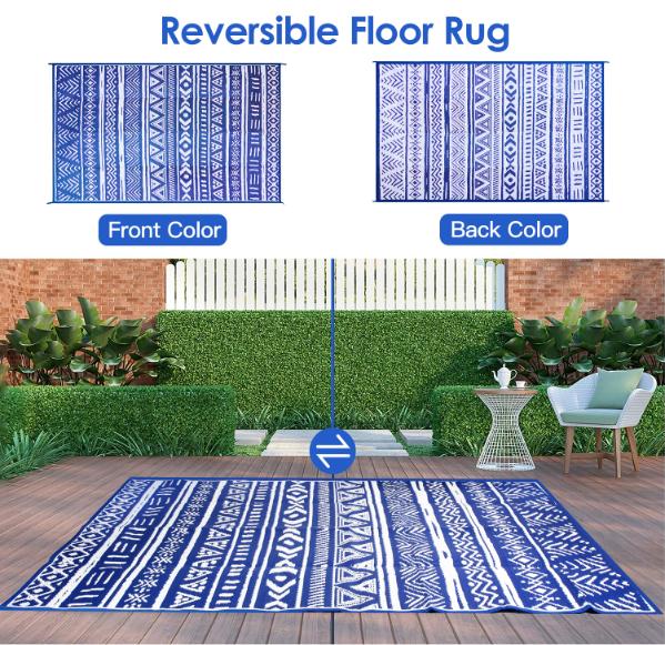 5x8FT Reversible Outdoor Rug Waterproof Mat Carpet Portable Plastic Outdoor Activity for Picnic Patio Deck RV Trip Blue & W