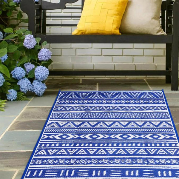 5x8FT Reversible Outdoor Rug Waterproof Mat Carpet Portable Plastic Outdoor Activity for Picnic Patio Deck RV Trip Blue & W