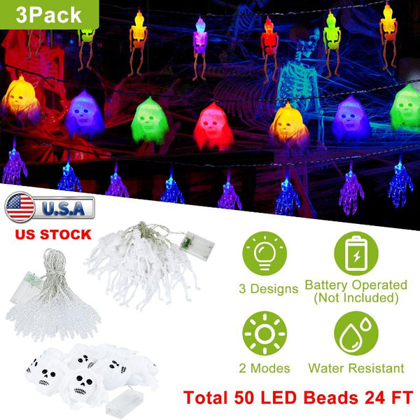 3Pcs String Lights Halloween Light Decorations 24ft Halloween Colorful 3D Skeleton Ghost