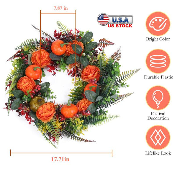 Fall Decoration Autumn Wreath with Pumpkin Mixed Leaves Berries Flowers Halloween Thanksgiving