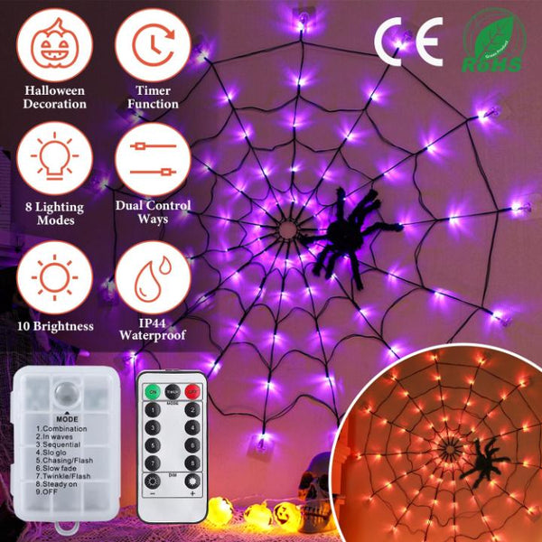 3 FT Spider Web Light Hairy Spider LED Battery Powered Remote Control 8 Lighting Modes