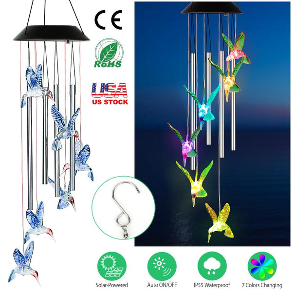Solar Wind Chime Lights Hummingbird Decorative Lamp 7 Color Changing