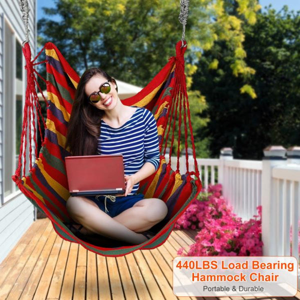 Hammock Hanging Chair Canvas Porch Patio Swing Seat Portable Camping Rope Seat w/ 2Pillows440LBS Limit