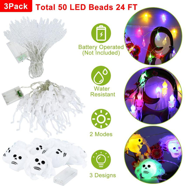 3Pcs String Lights Halloween Light Decorations 24ft Halloween Colorful 3D Skeleton Ghost