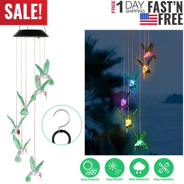 LED Solar Hummingbird Wind Chime Solar String Lights Color-Changing Decorative Lighting