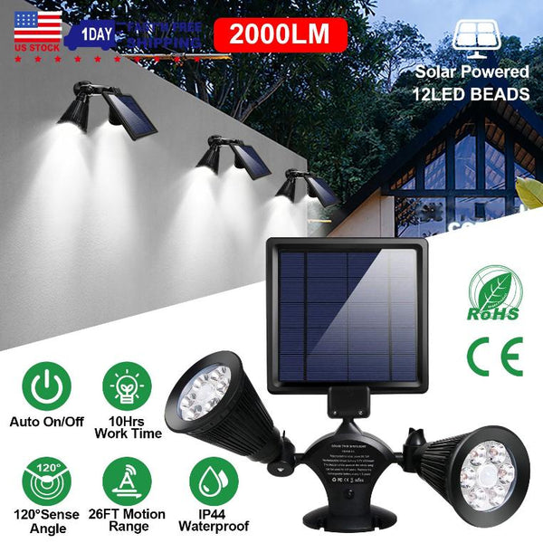 Solar Powered Lights Outdoor Motion Sensor 2000 Lumen Dual Head Spotlights