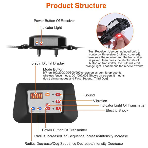 Dog Training Collar Wireless Fence Pet Beep Vibration Electric Shock Fence System 990FT Radius