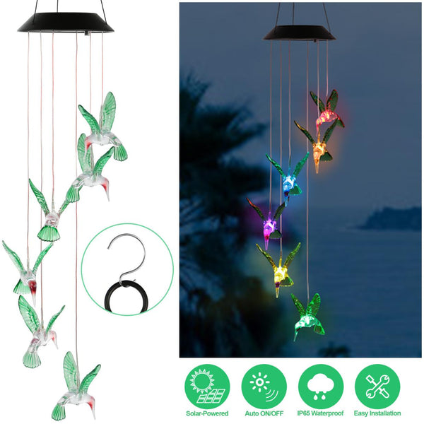 LED Solar Hummingbird Wind Chime Solar String Lights Color-Changing Decorative Lighting
