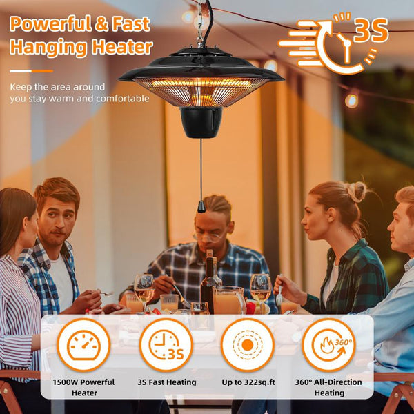 1500W Outdoor Hanging Patio Heater Ultra-Quiet Electric Heating Lamp Ceiling Mounted