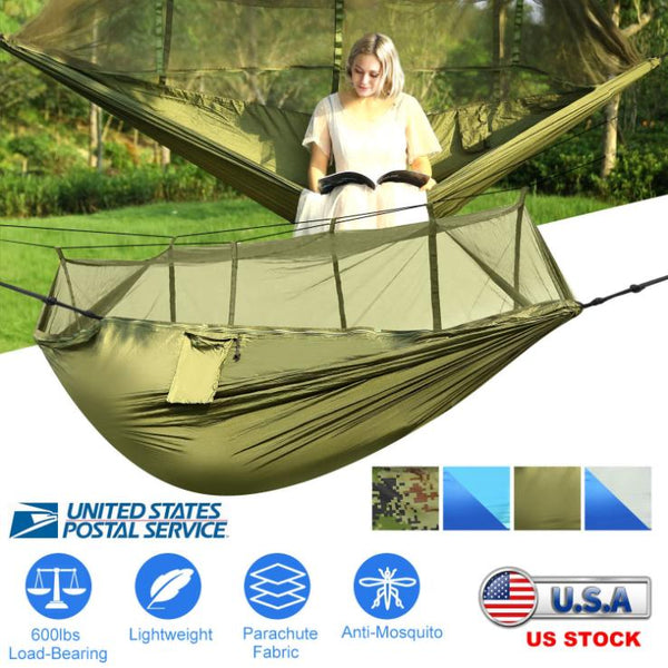 2 Person Hammock w/ Mosquito Net Outdoor Hiking Camping Portable Swing Hanging Bed 600lb Load