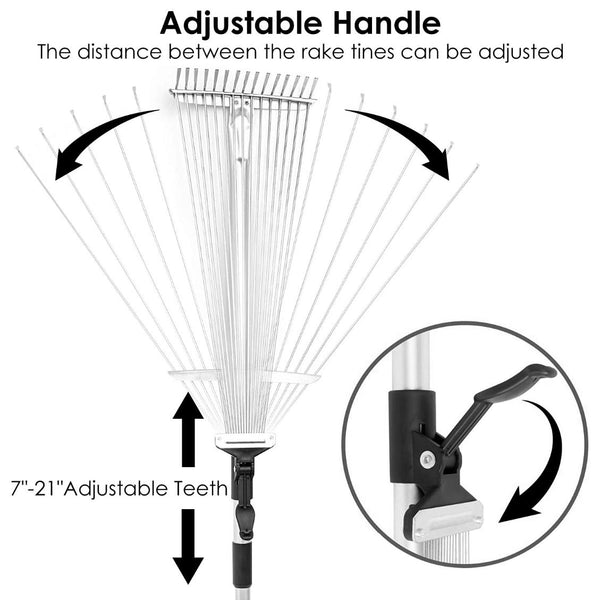 63in Adjustable Garden Leaf Rake 15 Teeth Expanding Stainless Steel Rake For Quick Clean Lawn Yard Garden w/ 7-21inch Teeth Width Folding Head