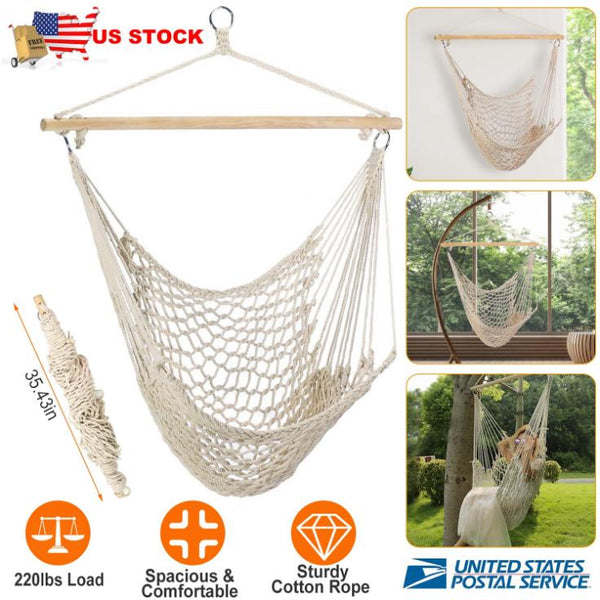 Hammock Chair Hanging Rope Seat Swing w/ Wooden Stick 220lbs Load for Patio Porch