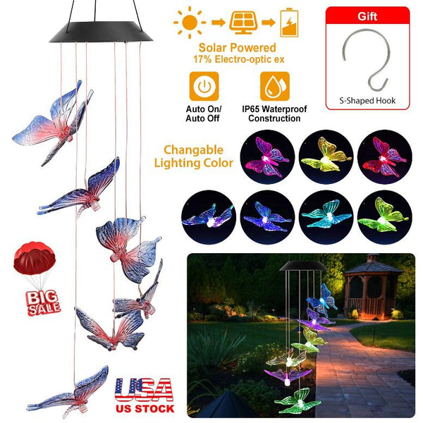 Solar LED Butterfly Wind Chimes Color Changing String Light Patio Garden Decor