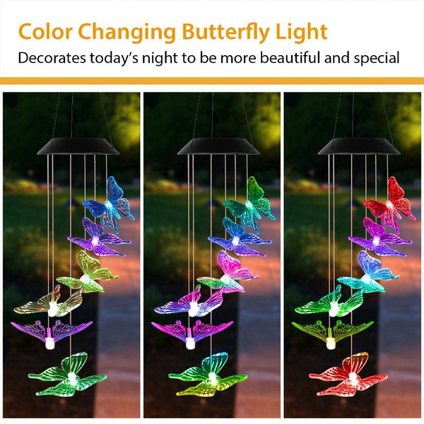 Solar LED Butterfly Wind Chimes Color Changing String Light Patio Garden Decor