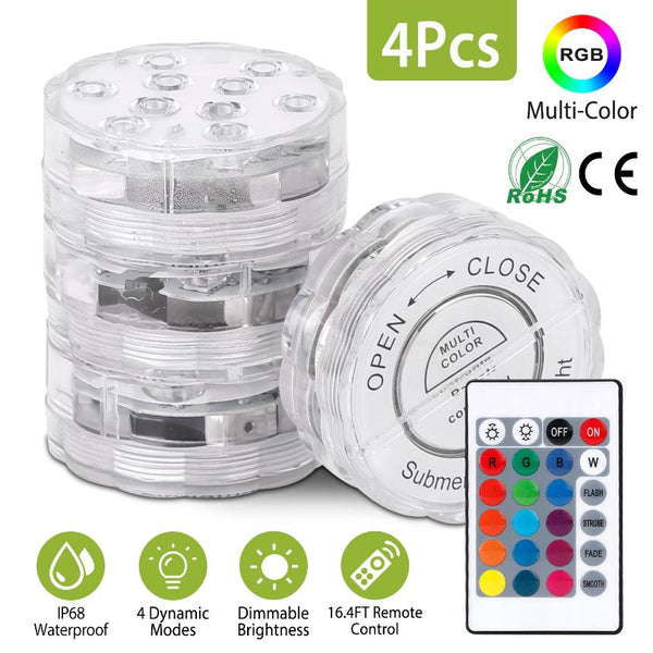 4Pcs Submersible RGB LED Lights Waterproof Underwater Color Changing Remote Control