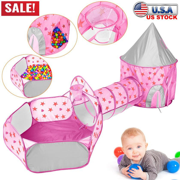 3 In 1 Child Crawl Tunnel Tent Kids Play Ball Pit Set Foldable Play House Pop-up