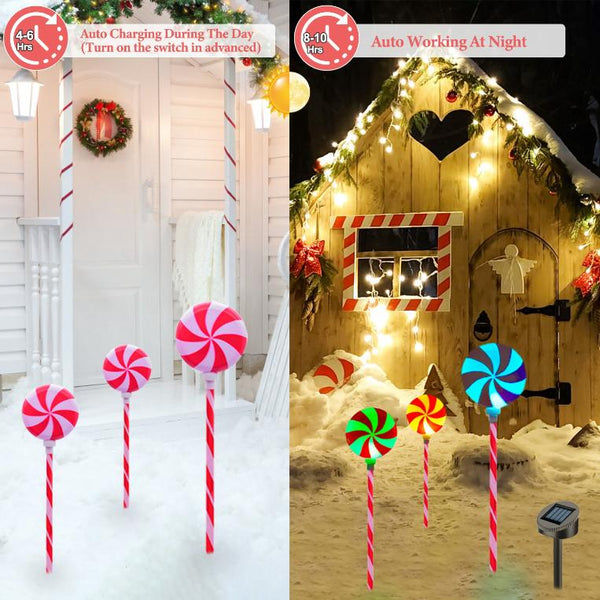 Christmas Candy Lollipops Light Set of 3 Waterproof Stake Solar Lamp for Yard Garden Pathway