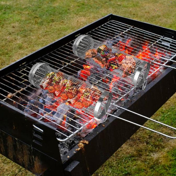 2 Pack BBQ Grill Mesh Rolling Baskets Cylinder Stainless Steel Barbecue Net Tube