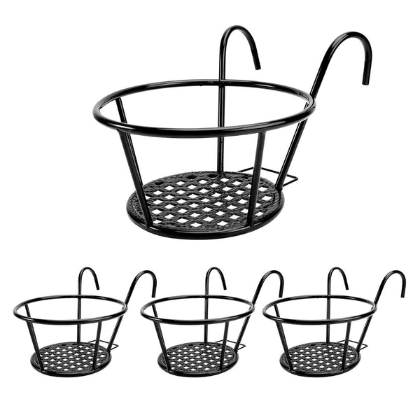 4Pcs Round Hanging Railing Planters Wrought Iron Flower Pot Holder Over The Rail Fence Plant Stand Basket 27LBS Load for Patio Balcony Porch Fence