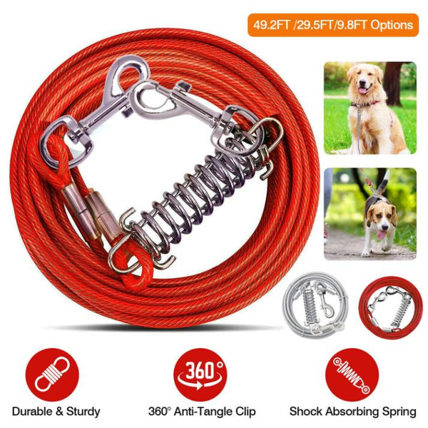 Dog Tie Steel Wire Cable Long Lead Dog Leash Chew Proof Dog Chain Durable Spring 360° Rotatable