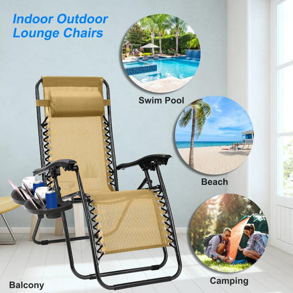 2 Pack Zero Gravity Lounge Chair w/ Dual Side Tray 330lbs Load Foldable Recliner Chair w/ Stress Relief Pillow Patio Poolside Beach Lying Chair