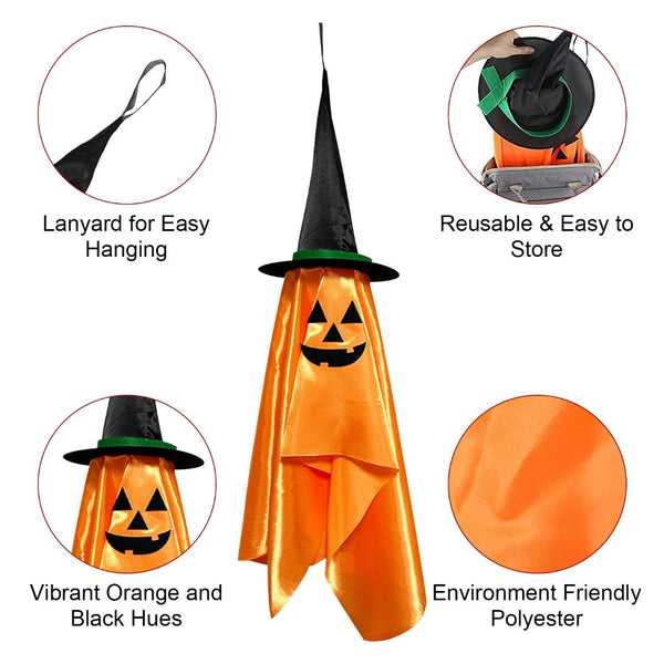 Hanging Ghosts Wizard Hat Tree Porch Scary Face Halloween Decorations Orange Pumpkin