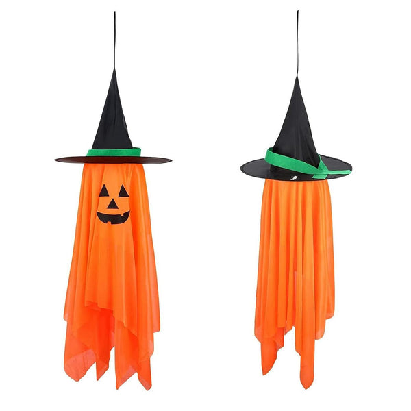 Hanging Ghosts Wizard Hat Tree Porch Scary Face Halloween Decorations Orange Pumpkin