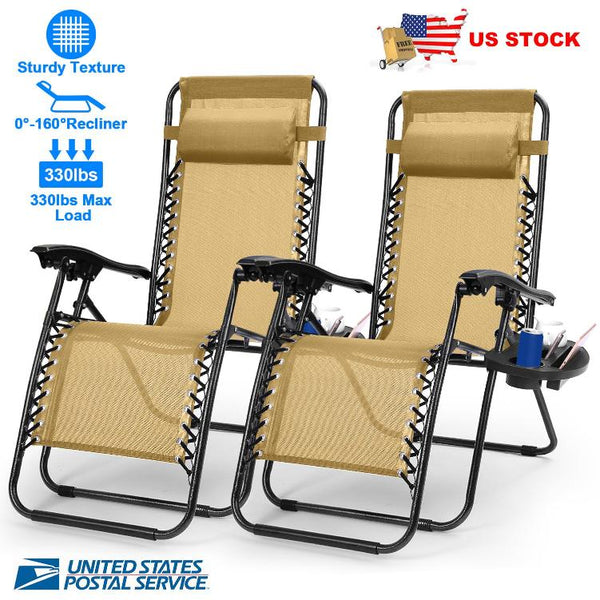 2 Pack Zero Gravity Lounge Chair w/ Dual Side Tray 330lbs Load Foldable Recliner Chair w/ Stress Relief Pillow Patio Poolside Beach Lying Chair