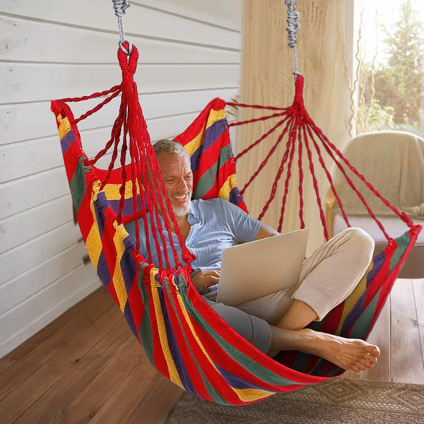 Hammock Hanging Chair Canvas Porch Patio Swing Seat Portable Camping Rope Seat w/ 2Pillows440LBS Limit