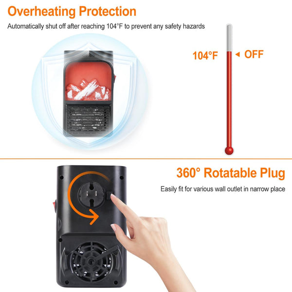 800W Plug-In Space Heater Wall Outlet Heater Rotatable Adjustable Temp