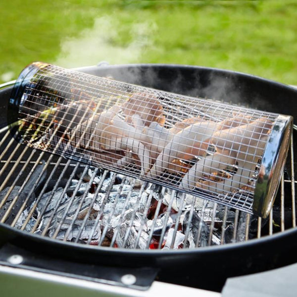 2 Pack BBQ Grill Mesh Rolling Baskets Cylinder Stainless Steel Barbecue Net Tube