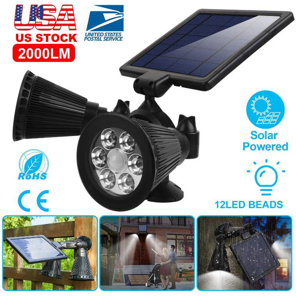 Solar Powered Lights Outdoor Motion Sensor 2000 Lumen Dual Head Spotlights