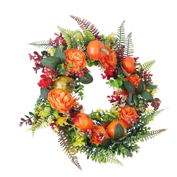 Fall Decoration Autumn Wreath with Pumpkin Mixed Leaves Berries Flowers Halloween Thanksgiving