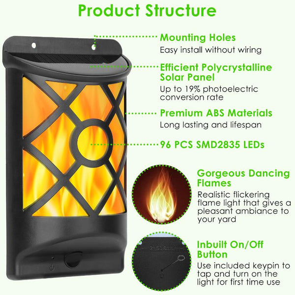 Flame Solar Light Outdoor Flickering Flame Wall Mount Lamp Auto On Off Sensor Landscape Night Lamp