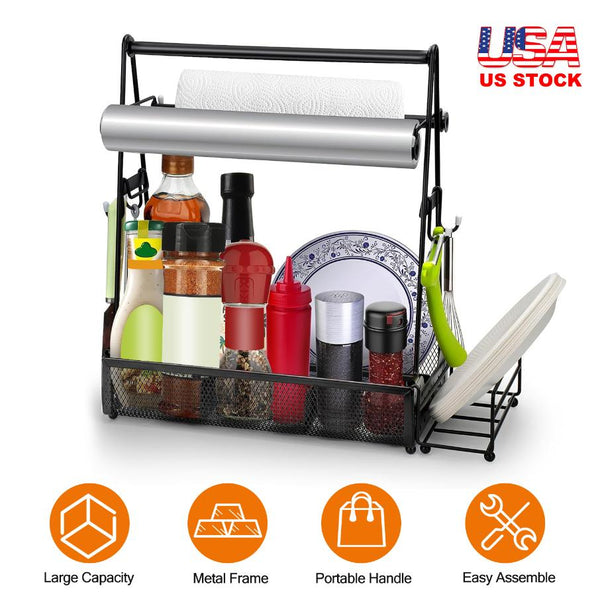 Utensil Caddy Metal Grill Caddy with Paper Towel Holders Utensil Holder for Outdoor Picnic Barbecue Camping Grilling Tools Storage Organizer Barbecue