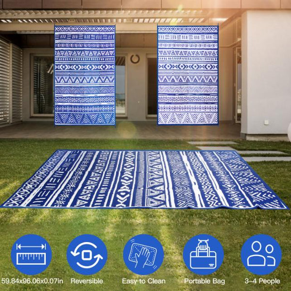 5x8FT Reversible Outdoor Rug Waterproof Mat Carpet Portable Plastic Outdoor Activity for Picnic Patio Deck RV Trip Blue & W